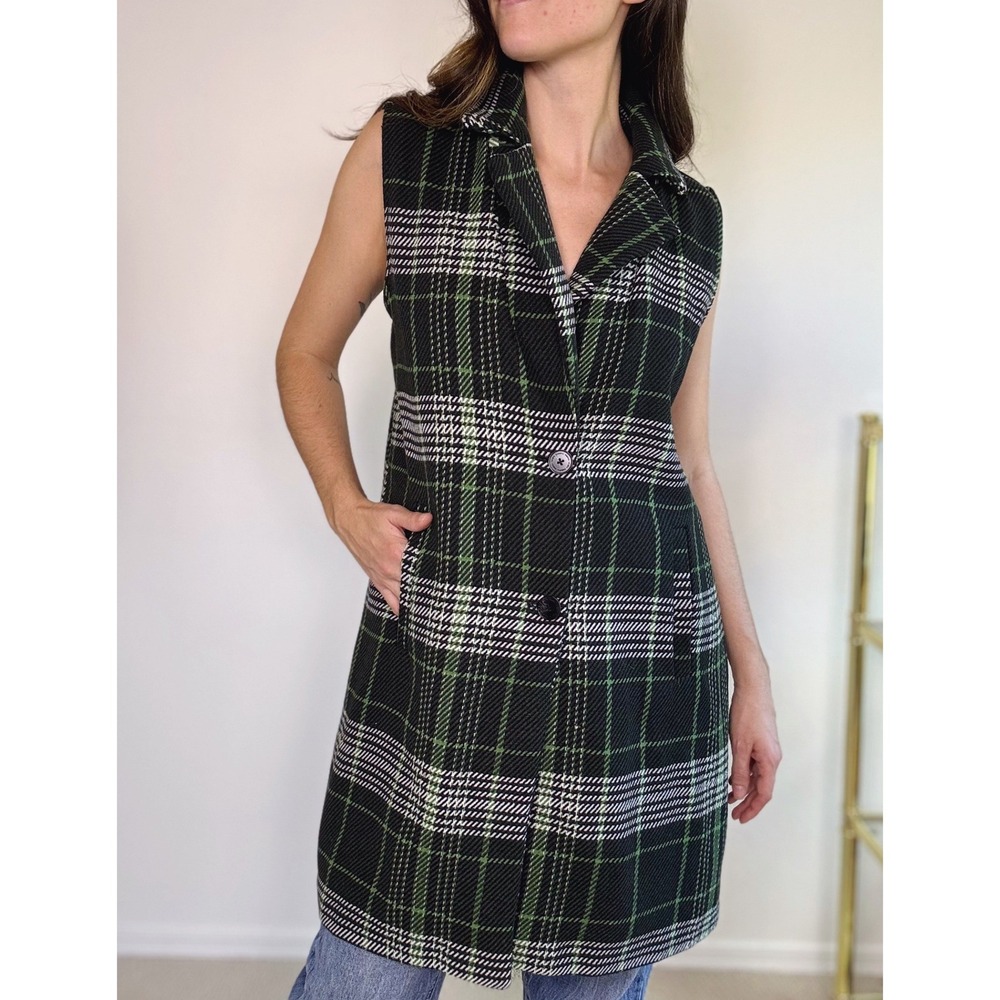 Marc New York Andrew Marc Green Plaid Longline Sleeveless Vest Jacket Large